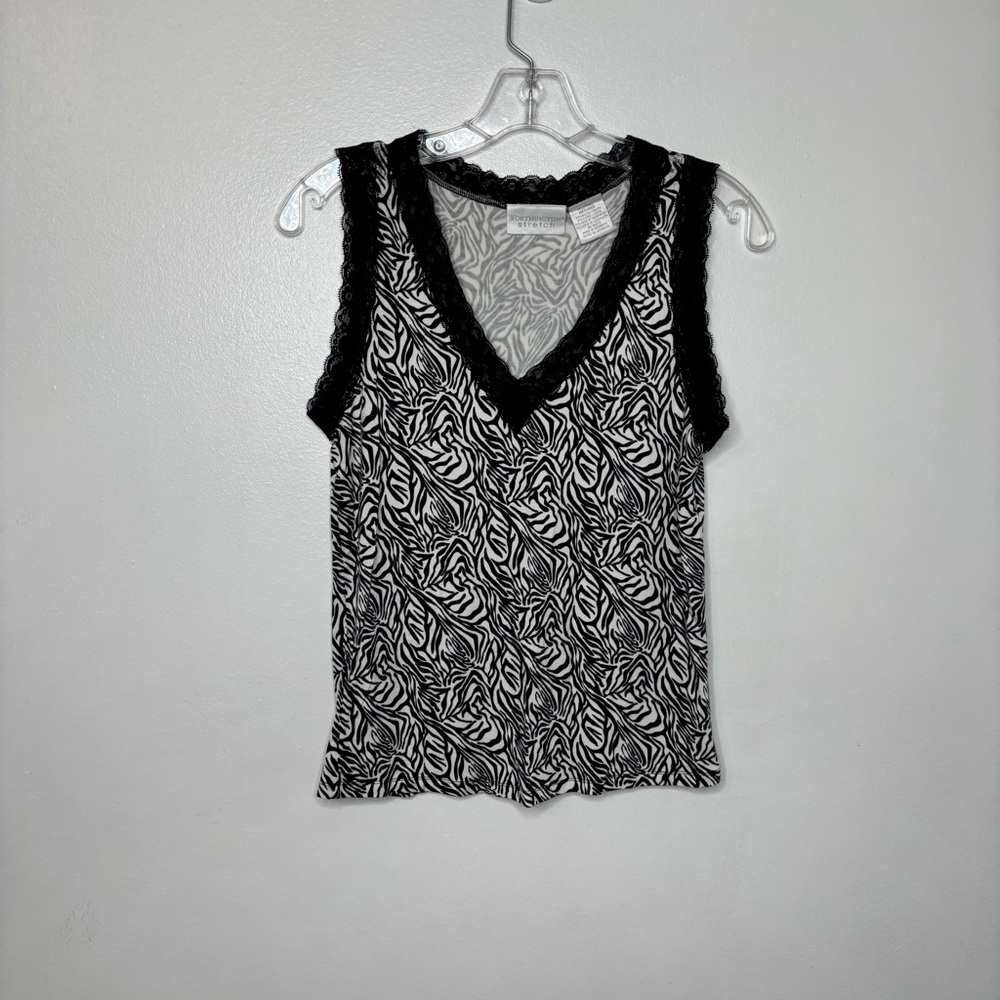 Worthington Stretch Zebra Print Lace Trim Tank Top Women’s M Black White Y2K - Picture 5 of 8